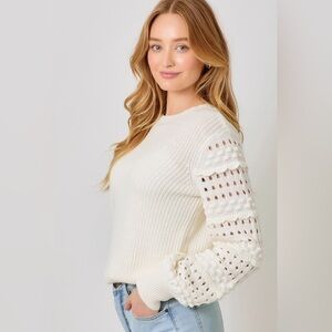 Mystree Cream Knit Sweater with Textured Sleeves